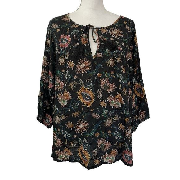 Natural Life Floral Maribel Puff Sleeve Peasant Blouse Top Size L Black Boho - Picture 1 of 8
